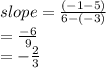slope =  \frac{( - 1 - 5)}{6 - ( - 3)}  \\  =  \frac{ - 6}{9}  \\  =   - \frac{2}{ 3}