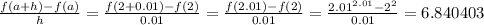 \frac{f(a + h) -f(a)}{h} = \frac{f(2 + 0.01) -f(2)}{0.01} = \frac{f(2.01) -f(2)}{0.01} = \frac{2.01^{2.01} - 2^2}{0.01} = 6.840403