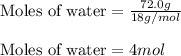 \text{Moles of water}=\frac{72.0g}{18g/mol}\\\\\text{Moles of water}=4mol