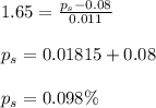 1.65=\frac{p_s-0.08}{0.011} \\\\p_s=0.01815+0.08\\\\p_s=0.098\%