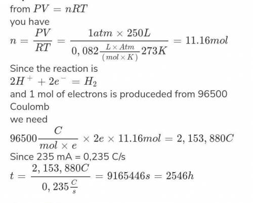 In the electrolysis of water, how long will it take to produce 75.00 L of H2 at 1.0 atm and 273 K us