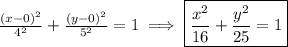 \frac{(x-0)^2}{4^2}+\frac{(y-0)^2}{5^2}=1\implies \boxed{\frac{x^2}{16}+\frac{y^2}{25}=1}