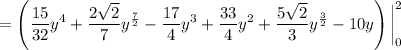 =\displaystyle\left(\frac{15}{32}y^4+\frac{2\sqrt2}7y^{\frac72}-\frac{17}4y^3+\frac{33}4y^2+\frac{5\sqrt2}3y^{\frac32}-10y\right)\bigg|_0^2