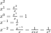 x^2\\x^1=\frac{x^2}{x} \\x^0=\frac{x^1}{x}=1 \\x^{-1}=\frac{1}{x} \\x^{-2}=\frac{x^{-1}}{x}=\frac{1}{x*x}=\frac{1}{x^2}