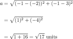 \begin{aligned} a&=\sqrt{(-1-(-2))^2+(-1-3)^2}\\\\&=\sqrt{(1)^2+(-4)^2}\\\\&=\sqrt{1+16}=\sqrt{17}\text{ units} \end{aligned}
