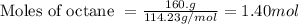 \text{Moles of octane }=\frac{160.g}{114.23g/mol}=1.40 mol