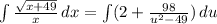 \int{\frac{\sqrt{x + 49}}{x}} \, dx =\int( 2+\frac{98}{u^2 - 49} )\, du