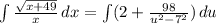 \int{\frac{\sqrt{x + 49}}{x}} \, dx =\int( 2+\frac{98}{u^2 - 7^2} )\, du