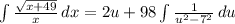 \int{\frac{\sqrt{x + 49}}{x}} \, dx =2u +98\int\frac{1}{u^2 - 7^2} \, du