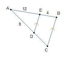 Triangle A B C is cut by line segment D E. Line segment D E goes from side A C to line A B. The leng