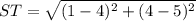 ST = \sqrt{(1 - 4)^2 + (4 - 5)^2}