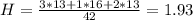 H = \frac{3*13+1*16+2*13}{42} = 1.93