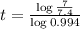 t = \frac{\log{\frac{7}{7.4}}}{\log{0.994}}