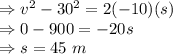 \Rightarrow v^2-30^2=2(-10)(s)\\\Rightarrow 0-900=-20s\\\Rightarrow s=45\ m
