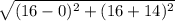 \sqrt{(16-0)^2+(16+14)^2}