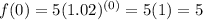 f(0)=5(1.02)^{(0)}=5(1)=5