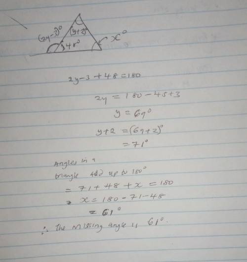 Find the missing interior angle in a triangle when one angle is 48 degrees, a second angle is Y+2 de