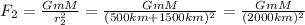 F_{2} = \frac{GmM}{r_{2}^{2}} = \frac{GmM}{(500 km + 1500 km)^{2}} = \frac{GmM}{(2000 km)^{2}}