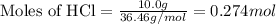 \text{Moles of HCl}=\frac{10.0g}{36.46g/mol}=0.274mol