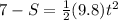 7-S=\frac{1}{2}(9.8)t^2