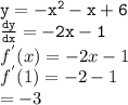 { \tt{y =  -  {x}^{2} - x + 6 }} \\ { \tt{ \frac{dy}{dx}  =  - 2x - 1}} \\ f {}^{'} (x) =  - 2x - 1 \\ f {}^{'}(1) =  - 2 - 1 \\  =  - 3