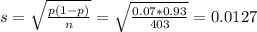 s = \sqrt{\frac{p(1-p)}{n}} = \sqrt{\frac{0.07*0.93}{403}} = 0.0127