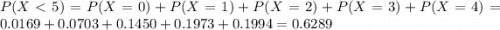 P(X < 5) = P(X = 0) + P(X = 1) + P(X = 2) + P(X = 3) + P(X = 4) = 0.0169 + 0.0703 + 0.1450 + 0.1973 + 0.1994 = 0.6289