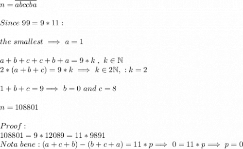 n=\overline{abccba}\\\\Since\  99=9*11:\\\\the \ smallest\  \Longrightarrow \ a=1\\\\a+b+c+c+b+a=9*k\ ,\ k\in \mathbb{N}\\2*(a+b+c)=9*k\ \Longrightarrow \ k\in 2\mathbb{N} , \ : k=2\\\\1+b+c=9 \Longrightarrow \ b=0\ and\ c=8\\\\n=108801\\\\Proof:\\108801=9*12089 =11*9891\\Nota\ bene:(a+c+b)-(b+c+a)=11*p  \Longrightarrow \ 0=11*p \Longrightarrow \ p=0
