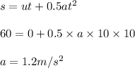 s= u t +0.5 at^2\\\\60 =  0 + 0.5 \times a \times 10\times 10\\\\a = 1.2 m/s^2