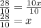 \large{ \frac{28}{10}  =  \frac{10x}{10} } \\  \large{ \frac{28}{10}  = x}