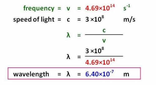 A laser emits light with a frequency of 4.69 x 10 to the 14th power s - 1 calculate the wavelength o