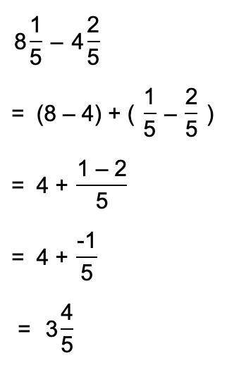 Subtract 8 1/5 - 4 2/5 . Simplify the answer and write as a mixed number.