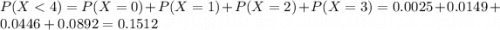 P(X < 4) = P(X = 0) + P(X = 1) + P(X = 2) + P(X = 3) = 0.0025 + 0.0149 + 0.0446 + 0.0892 = 0.1512