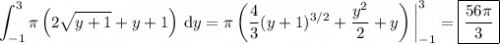 \displaystyle\int_{-1}^3 \pi\left(2\sqrt{y+1}+y+1\right)\,\mathrm dy = \pi\left(\frac43(y+1)^{3/2}+\frac{y^2}2+y\right)\bigg|_{-1}^3 = \boxed{\frac{56\pi}3}