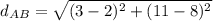 d_{AB}= \sqrt{(3 - 2)^2 + (11 -8)^2}