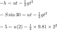 -h=ut-\frac{1}{2}gt^2\\\\-S \sin 30=ut-\frac{1}{2}gt^2\\\\-5=u(2)-\frac{1}{2}\times 9.81 \times 2^2\\\\