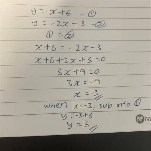 Solve the system of equations using substitution. 
y = x + 6
y = –2x – 3