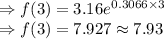 \Rightarrow f(3)=3.16e^{0.3066\times 3}\\\Rightarrow f(3)=7.927\approx 7.93