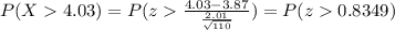 P(X4.03)=P(z\frac{4.03-3.87}{\frac{2.01}{\sqrt{110}}})=P(z0.8349)