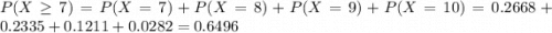 P(X \geq 7) = P(X = 7) + P(X = 8) + P(X = 9) + P(X = 10) = 0.2668 + 0.2335 + 0.1211 + 0.0282 = 0.6496