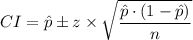 CI=\hat{p}\pm z\times \sqrt{\dfrac{\hat{p} \cdot (1-\hat{p})}{n}}