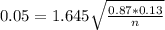 0.05 = 1.645\sqrt{\frac{0.87*0.13}{n}}
