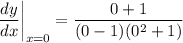 \displaystyle \frac{dy}{dx} \bigg| \limit_{x = 0} = \frac{0 + 1}{(0 - 1)(0^2 + 1)}