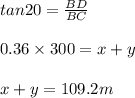 tan 20 = \frac{BD}{BC}\\\\0.36 \times 300 = x + y \\\\x + y = 109.2 m