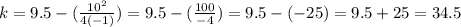 k=9.5-(\frac{10^2}{4(-1)})=9.5-(\frac{100}{-4} )=9.5-(-25)=9.5+25=34.5