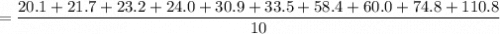 $=\frac{20.1+21.7+23.2+24.0+30.9+33.5+58.4+60.0+74.8+110.8}{10}$