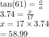 \tan(61)  =  \frac{o}{a}  \\3.74  =  \frac{x}{17}  \\ x = 17 \times 3.74 \\  = 58.99