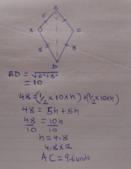 From quadrilateral ABCD is a quadrilateral with area of ​​48 square units, find the length of AC.

A