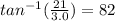 tan^{-1}(\frac{21}{3.0})=82