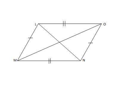 Given: overline LM cong overline ON and overline LO cong overline MN Prove : LMNO is a parallelogram